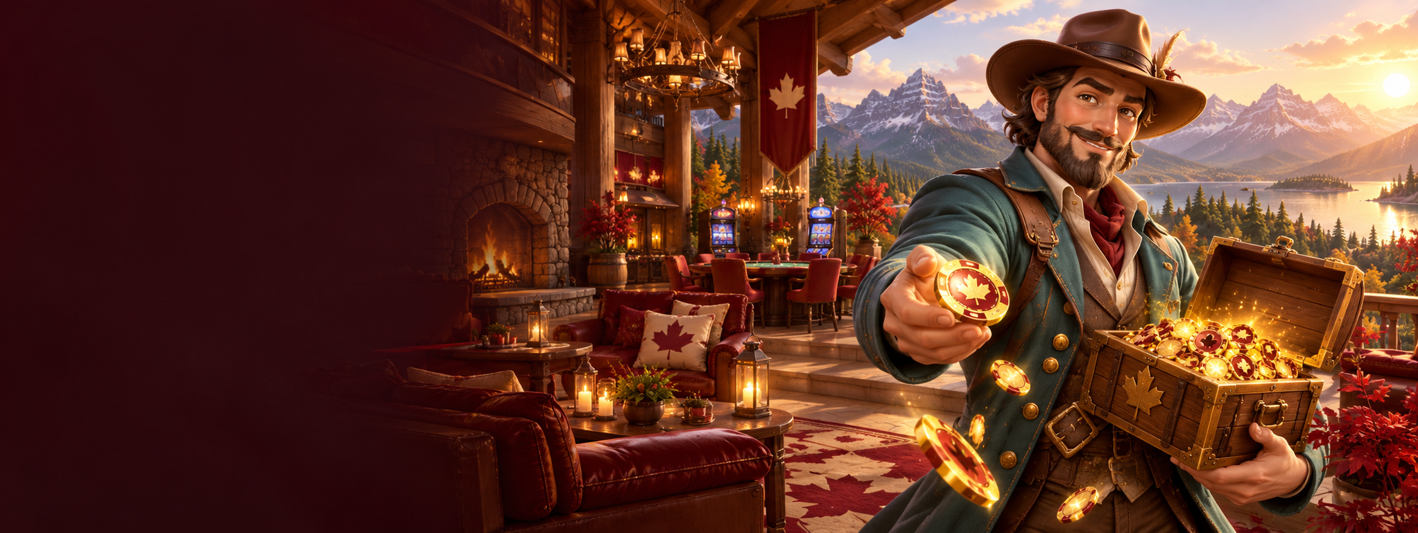 Canadian lodge casino scene with a fictional adventurer and golden casino chips